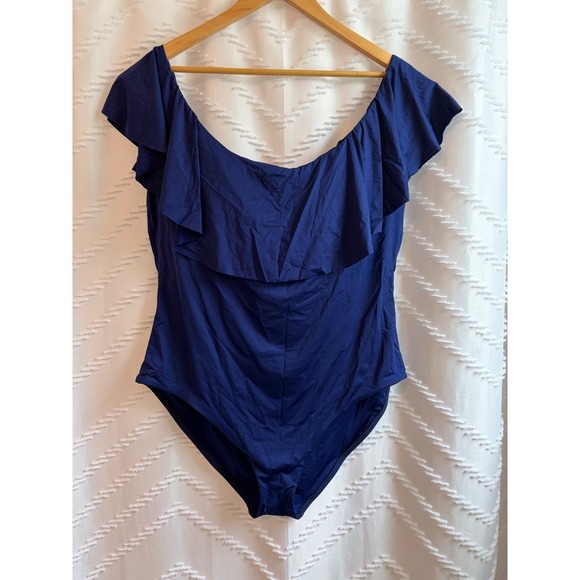Trina Turk Other - Trina Turk Womens Blue Off the Shoulder Ruffle One Piece Swimsuit Size 18